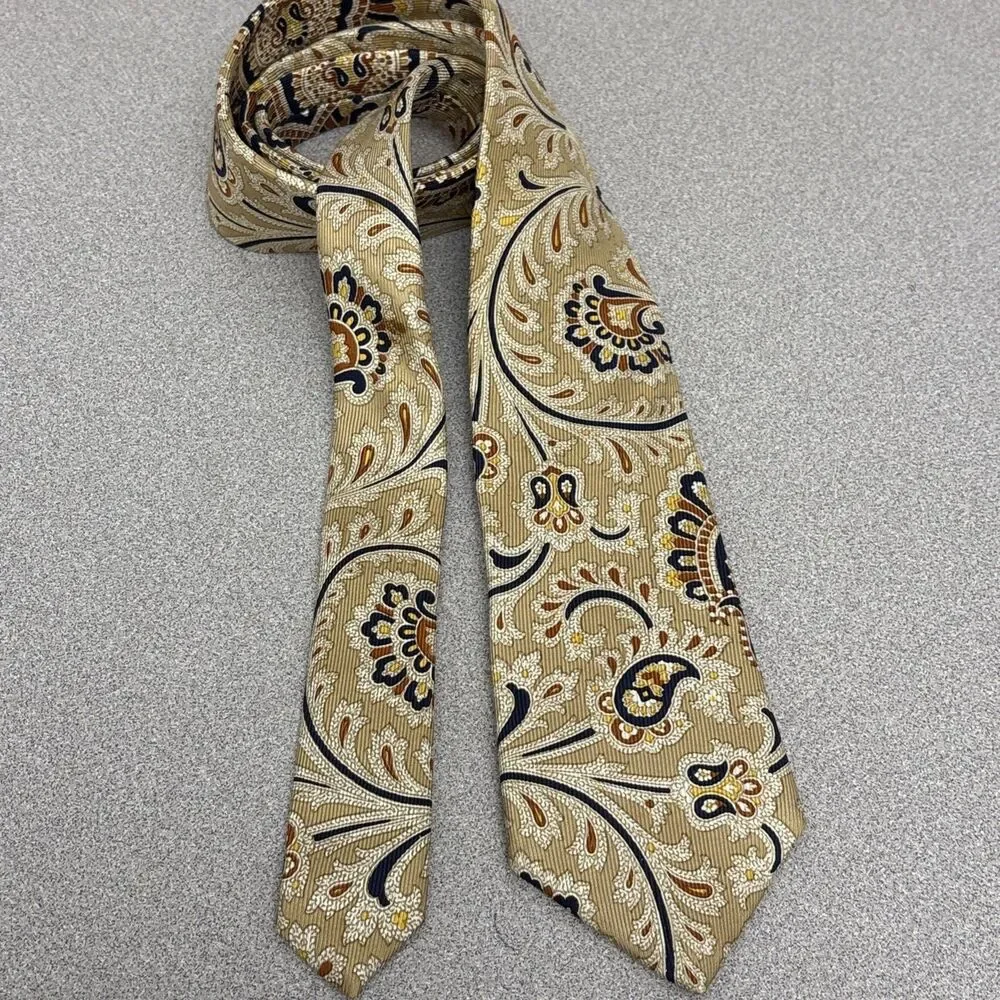 Vintage Hardy Amies London All Silk Tie, Necktie, Beige, Black Paisley Design